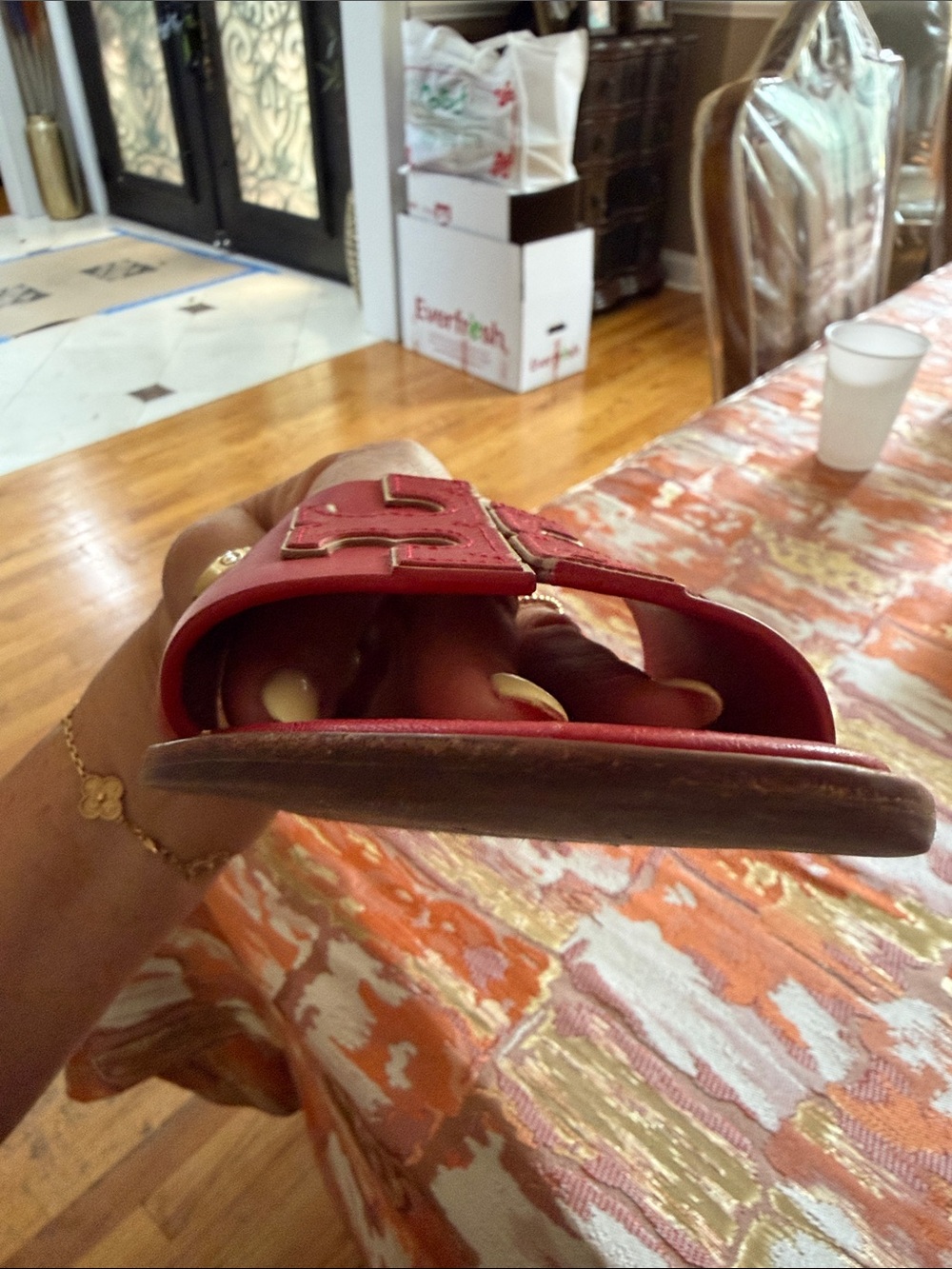 Tory Burch Red/Gold Double T leather slides - Picture 12 of 16